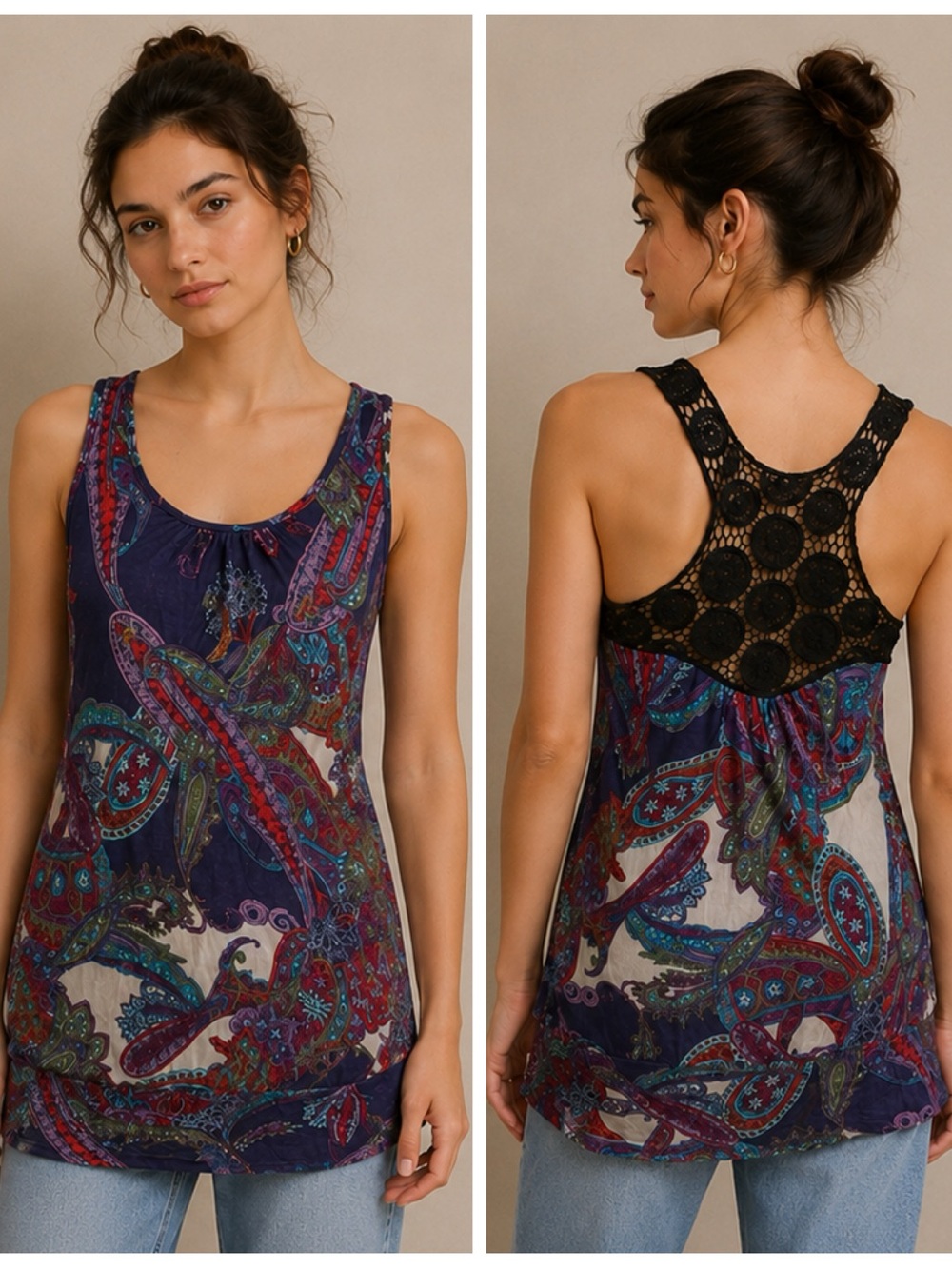Papaya Purple Paisley Beaded Sequin Lace Embroidered Racer Back Tank Top